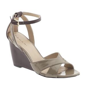 Tahari Gianna taupe and brown patent leather open toe wedge sandals